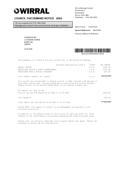 United Kingdom Wirral council tax business utility  bill template in Word and PDF formats